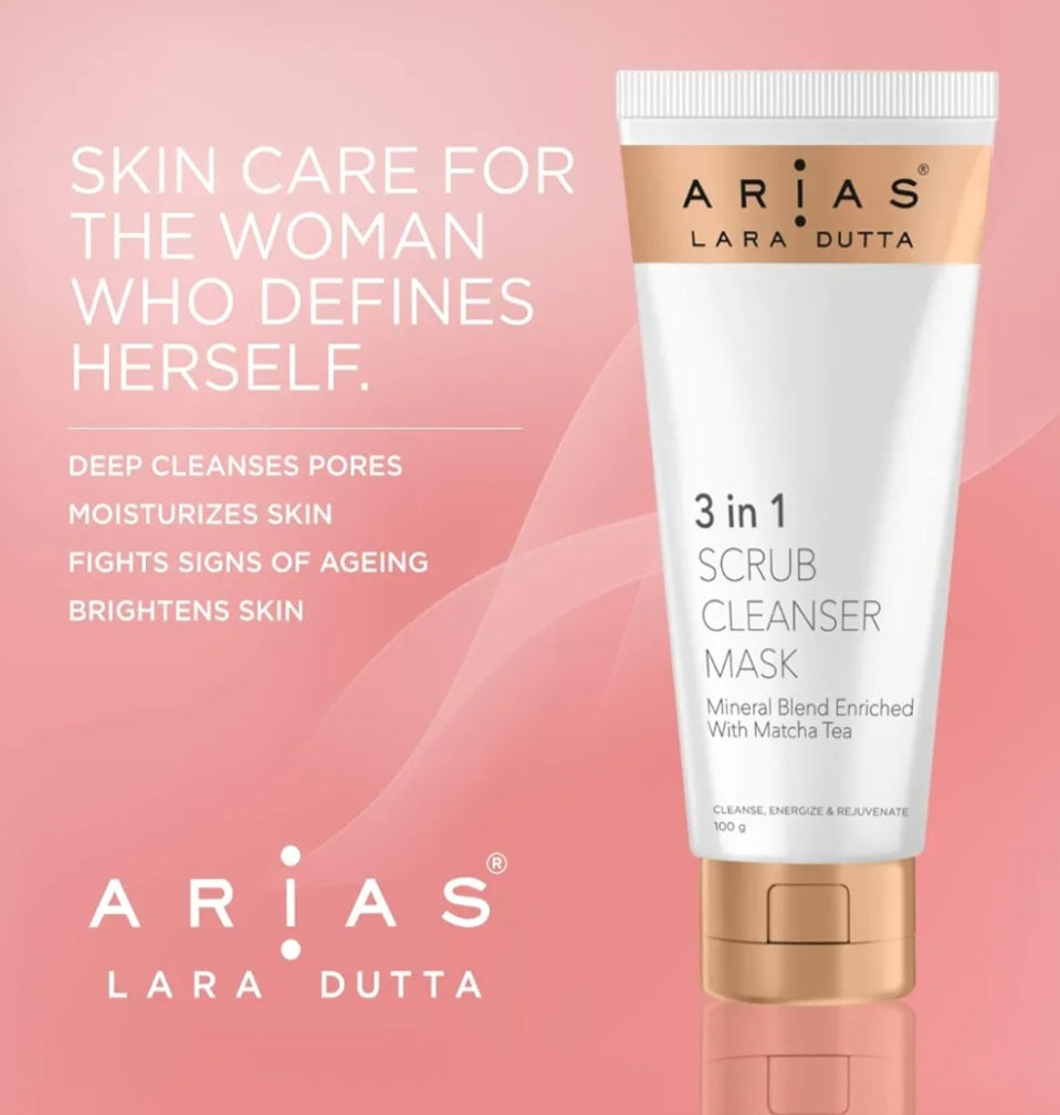 Face Scrub- Arias (by Lara Dutta) 3-in-1 Scrub, Cleanser & Mask Mineral Blend Enriched with Matcha Tea which Cleanse, Energize & Rejuvenate the Face 100gm