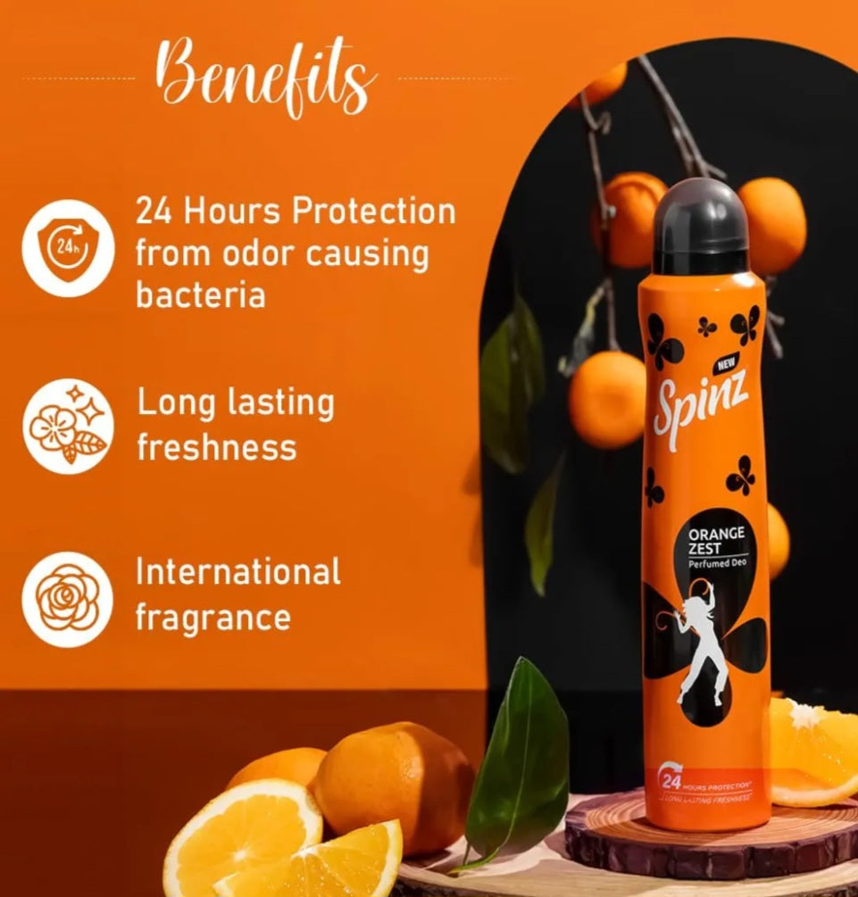 Perfumes & Deodorants- Spinz Orange Zest Perfumed Deo For Women, With International Fragrances For Long Lasting Freshness And 24 Hours Protection From Odour Causing Bacteria, 150ml