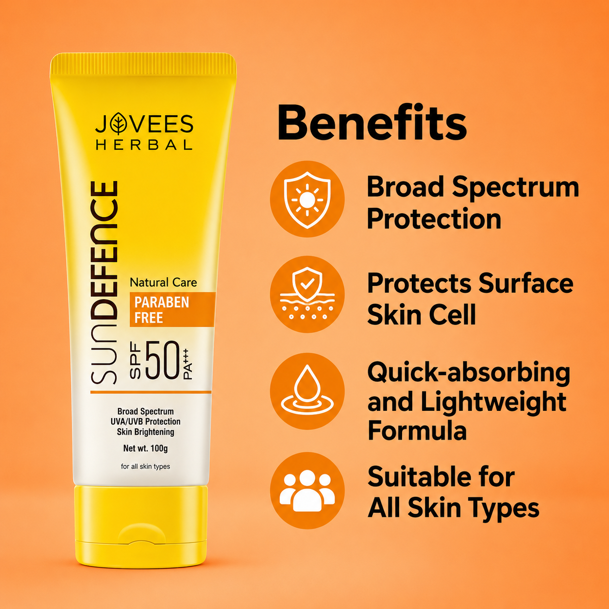 Sunscreen- JOVEES Herbal's SUNDEFENCE Paraben Free SPF-50 PA+++ (UVA/UVB Protection) Skin Brightening Natural Care Sunscreen suitable for All Skin Types - 100gm
