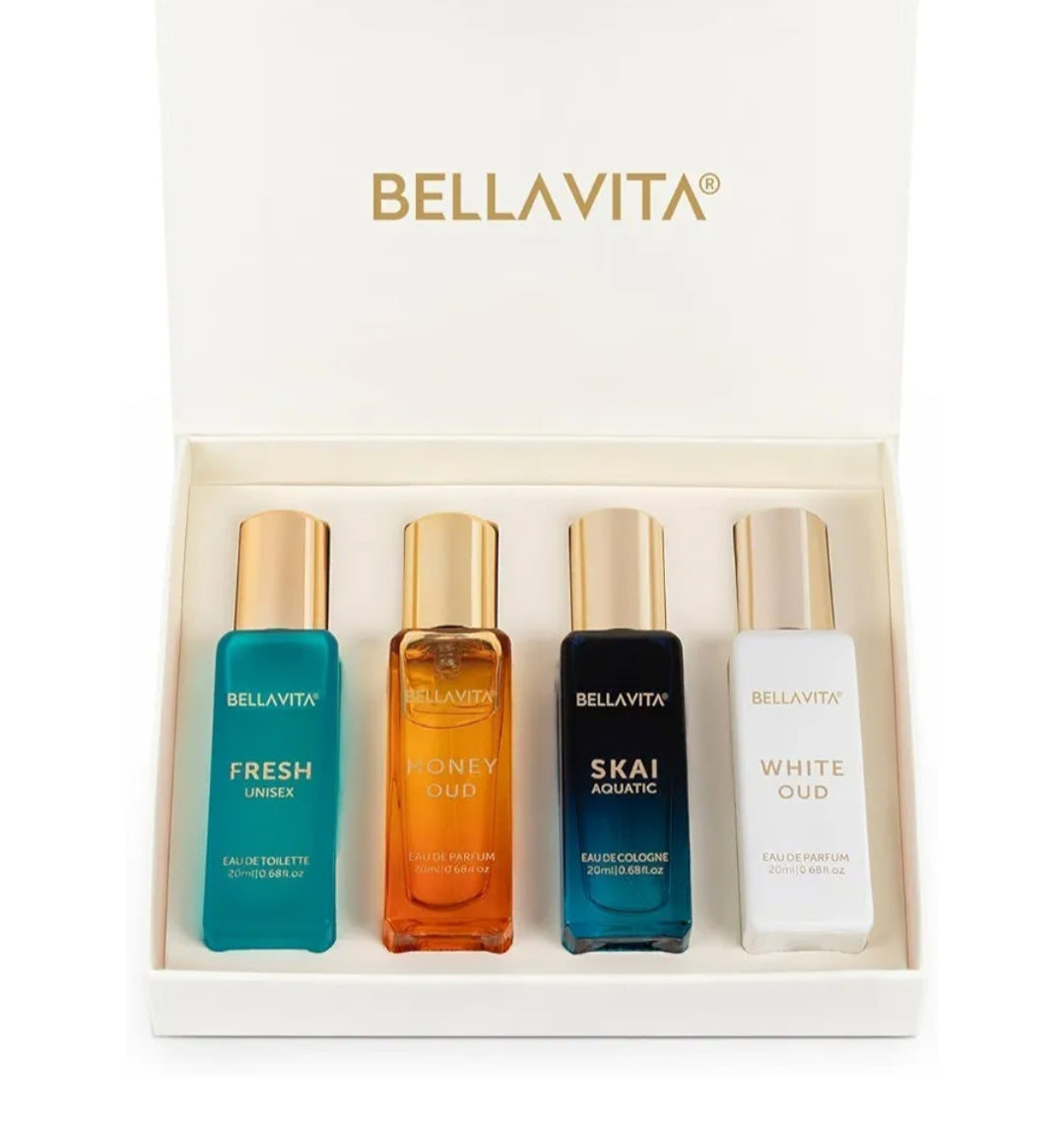 Perfumes & Deodorants- Bella Vita Luxury Long Lasting Unisex Perfume Gift Set 20mlx4 (SKAI, FRESH, WHITE OUD, HONEY OUD) for Man & Woman.
