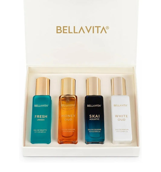 Perfumes & Deodorants- Bella Vita Luxury Long Lasting Unisex Perfume Gift Set 20mlx4 (SKAI, FRESH, WHITE OUD, HONEY OUD) for Man & Woman.