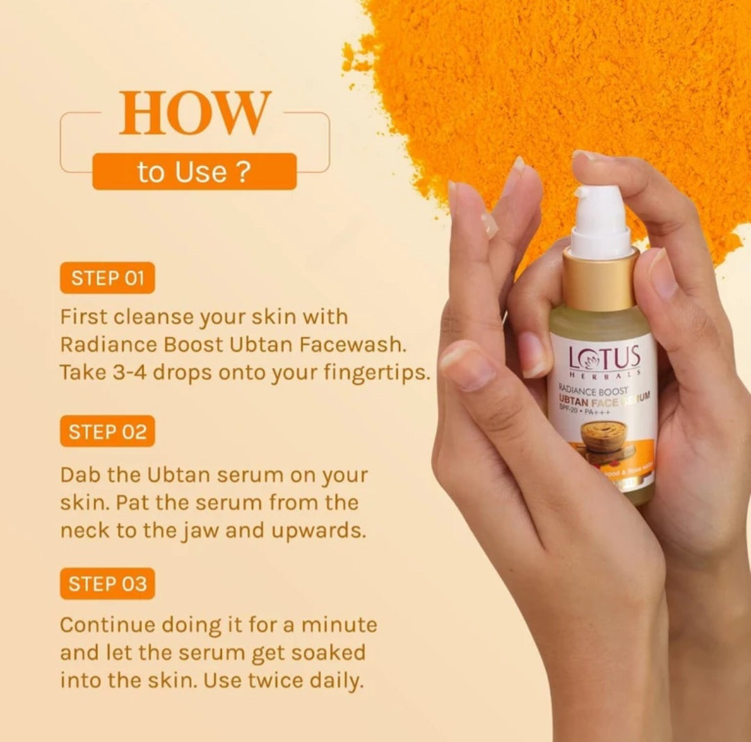 Face Serum- Lotus Herbal's Radiance Boost Paraben free Ubtan Face Serum with SPF-20 PA+++ enriched with Turmeric, Sandalwood & Rose Water which Rejuvenates Skin, Boosts Glow & Reduces Dark Spots, and is suitable for All Skin Types -30ml