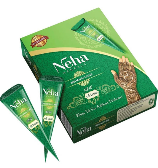 Mehandi- Neha Herbals New Oil Based Fast Staining Mehandi Cone Box of 12 Pieces