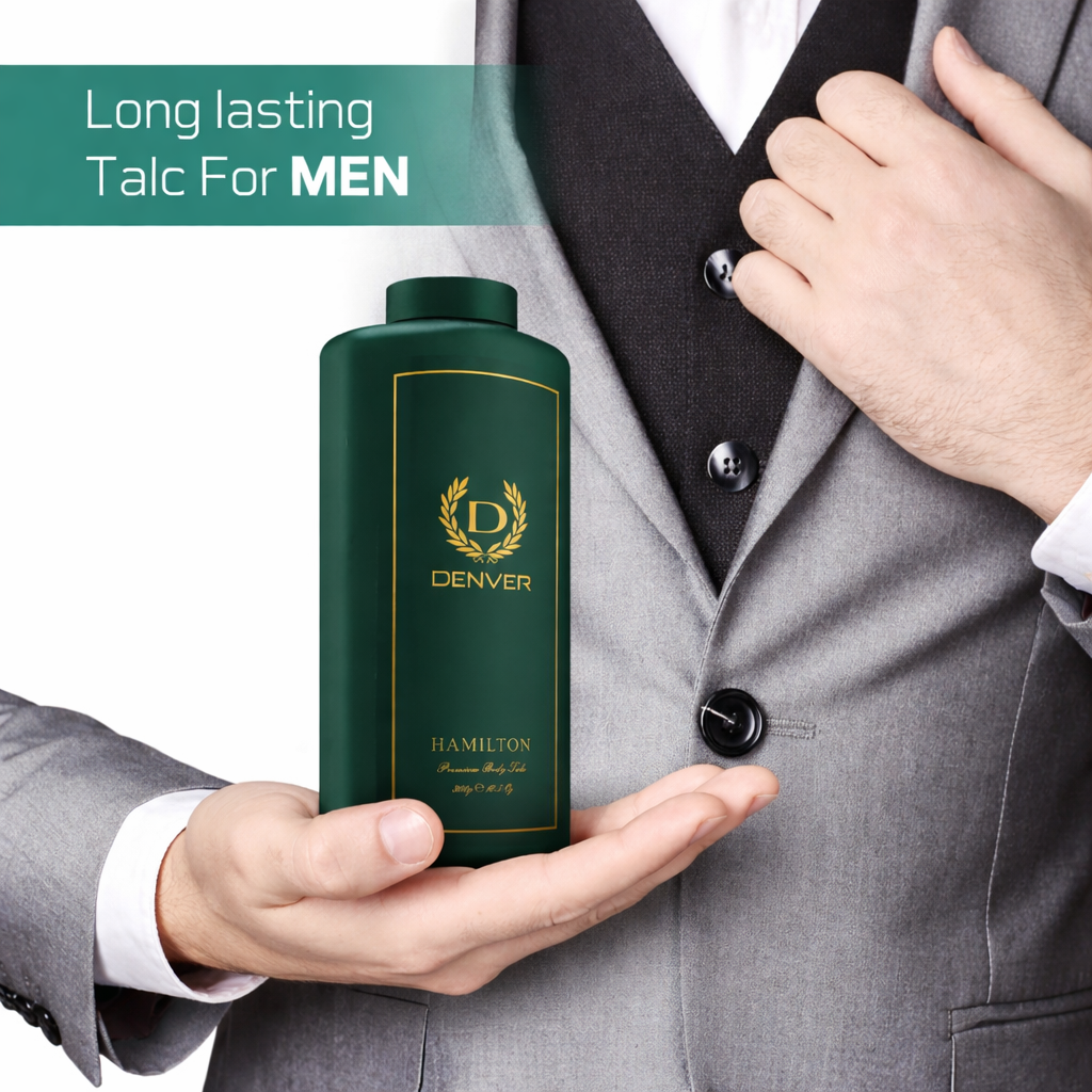 Face & Body Powder- DENVER Hamilton Premium Body Talc with blend of fresh green and spicy floral notes which creates a masculine fragrance - 300gm