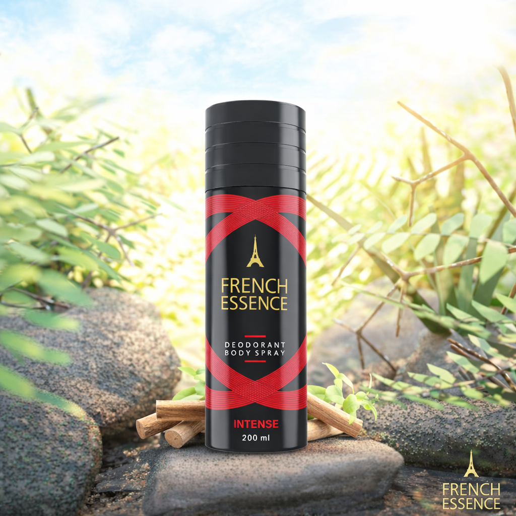 Perfumes & Deodorants- French Essence INTENSE Unisex Long-Lasting Deodorant Body Spray with Thyme and Saffron in the Top Notes, Leather and Woody Notes in the Mid, and Suede and Amber in the Base - 150ml