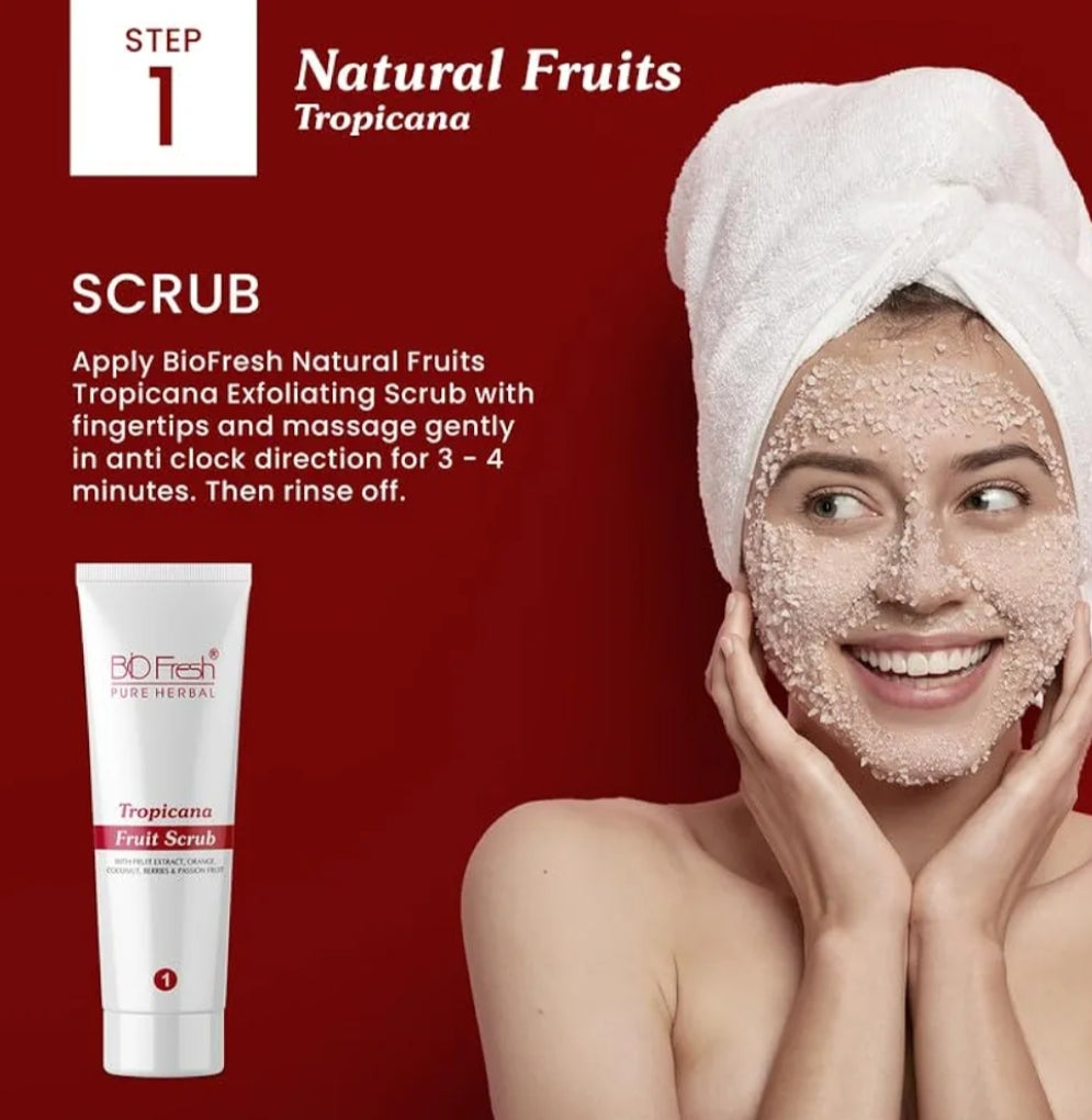 Facial Kit- BIO-FRESH Pure Herbal's 5-Steps (Scrub+Cream+Gel+Pack+Glow Serum) Natural Tropicana Fruits Facial Kit with Natural Fruits Glow Serum which is Excellent for Refreshed Youthful Look & Glow - 90ml