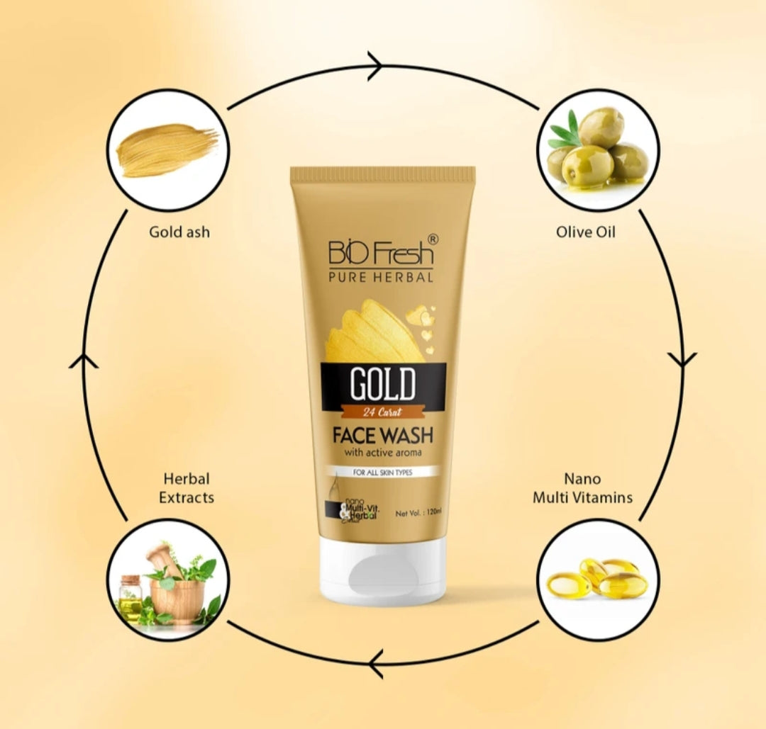 Face Wash- BIO-FRESH Pure Herbal 24 Carat GOLD Face Wash with Active Aroma and Nano Multi-Vit Herbal Extract for All Skin Types 120ml