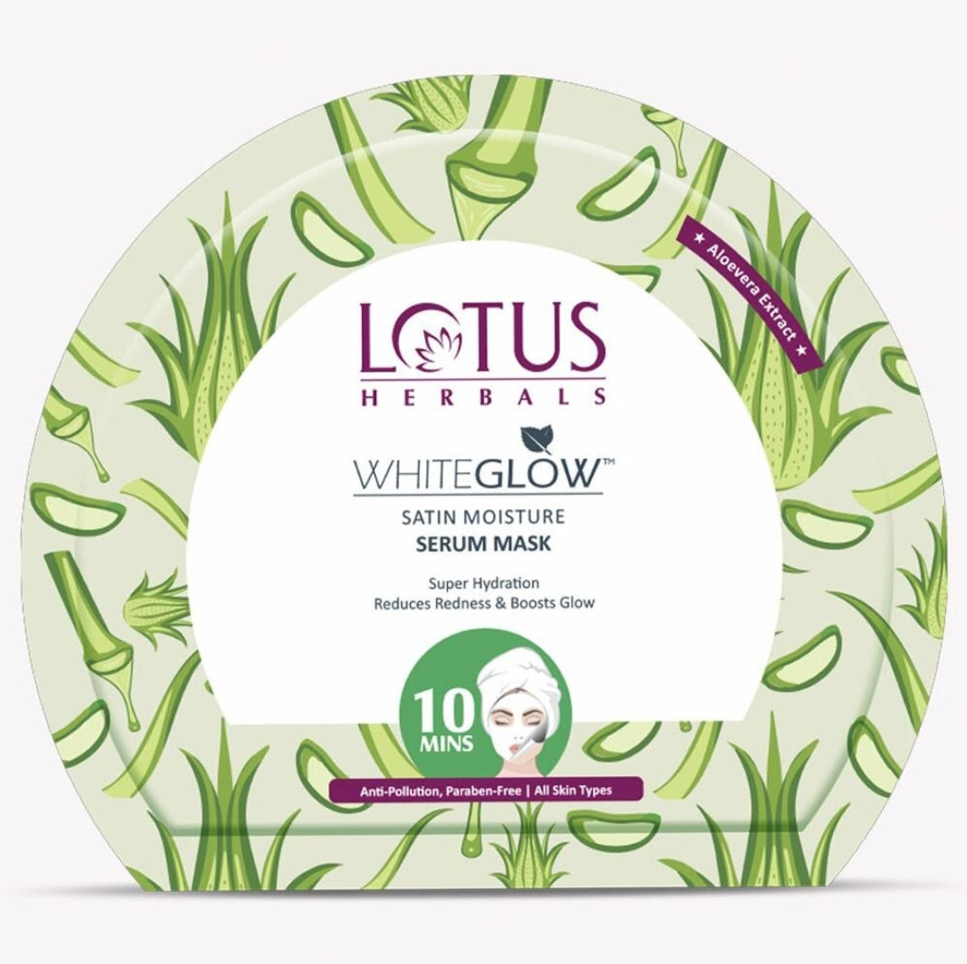 Face Sheet Mask- Lotus Herbals WhiteGlow Satin Moisture Serum Face Sheet Mask enriched with Aloevera Extract which Reduces Redness & Boost Glow with Super Hydration in 10 Minutes - 20gm