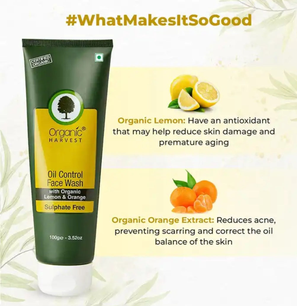 Face Wash- Organic Harvest's Sulphate Free Oil Control Face Wash with Organic Lemon & Orange - 50ml