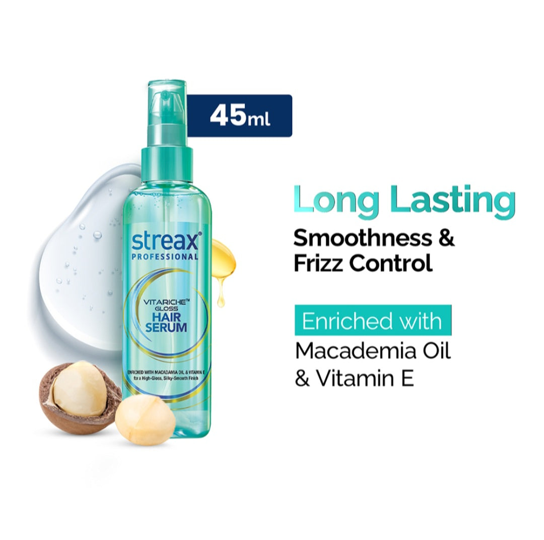 Hair Serum- Streax Professional's Vitariche Gloss Hair Serum enriched with Macadamia Oil & Vitamin-E for Glossy, Silki and Smooth Finish - 45ml