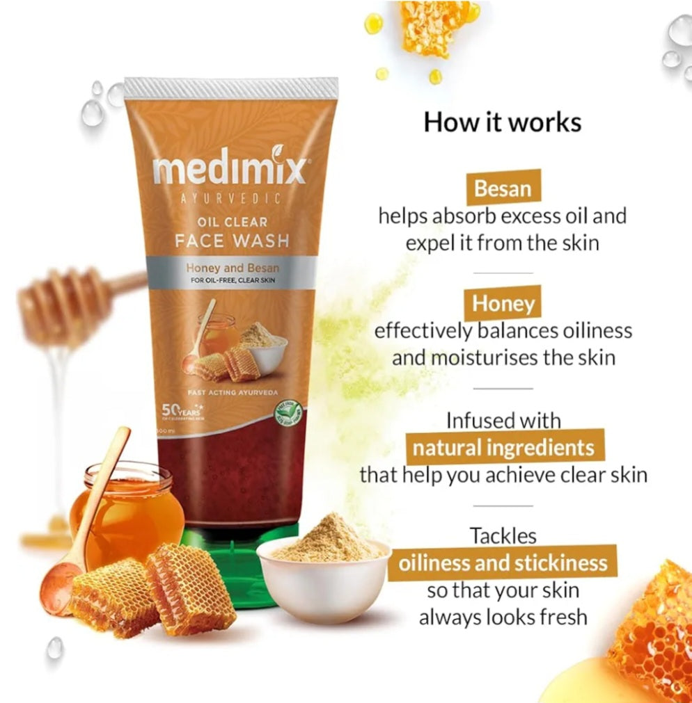 Face Wash- Medimix Ayurvedic Oil Clear Face Wash with Honey and Besan for Oil-Free & Clear Skin 100ml