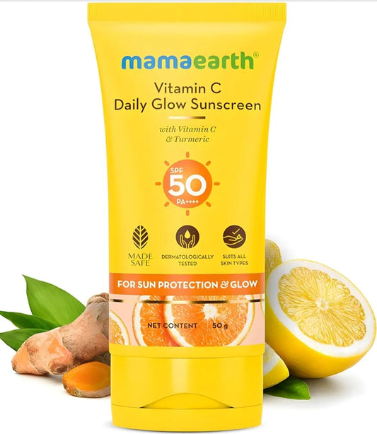 Sunscreen- Mamaearth Vitamin-C Daily Glow Sunscreen with the power of Turmeric (SPF 50 PA++++) 50gm