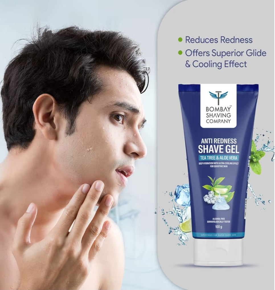 Shaving & Grooming- Bombay Shaving Company's Anti-Redness Shave Gel enriched with Tea Tree & Aloevera which gives Deep Hydration with Ultra Cooling Effect, Suitable for Sensitive Skin - 100gm