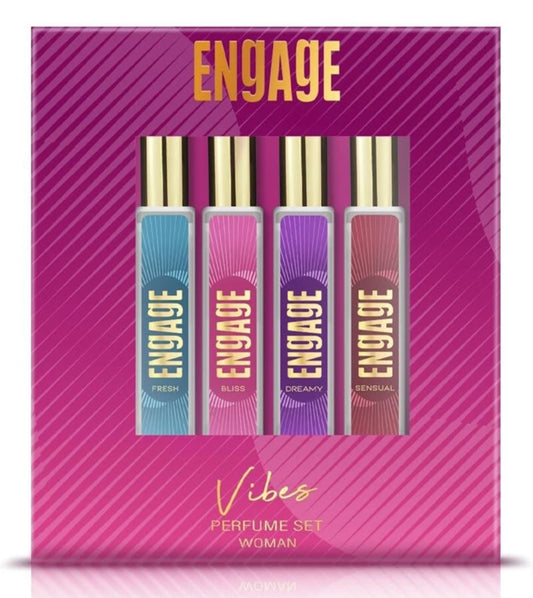 Perfumes & Deodorants- ENGAGE Vibes Perfumes Gift Set for Women with 4 Long-Lasting Fragrances (1. Fresh- Citrus & Fruity, 2. Bliss- Oriental & Floral, 3. Dreamy- Floral & Vanilla and 4. Sensual- Oriental & Amber) - 80ml (4x20ml)
