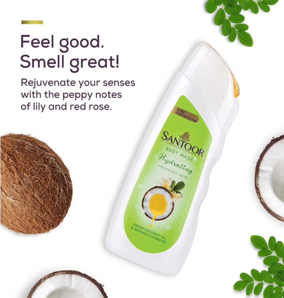 Body Wash & Shower Gel- Santoor Hydrating Body Wash enriched with Virgin Coconut Oil & Moringa Extracts for Hydrated and Fragrant Skin which gives 99% Germ Protection - 230ml