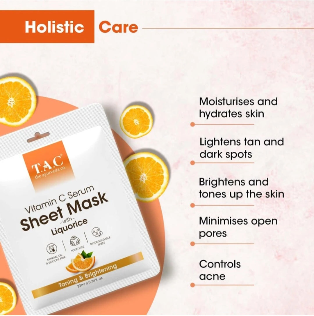 Face Sheet Mask- TAC Ayurveda's Vitamin-C Serum Sheet Mask with Liquorice for Toning & Brightening 22ml
