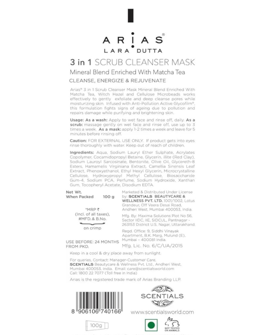 Face Scrub- Arias (by Lara Dutta) 3-in-1 Scrub, Cleanser & Mask Mineral Blend Enriched with Matcha Tea which Cleanse, Energize & Rejuvenate the Face 100gm
