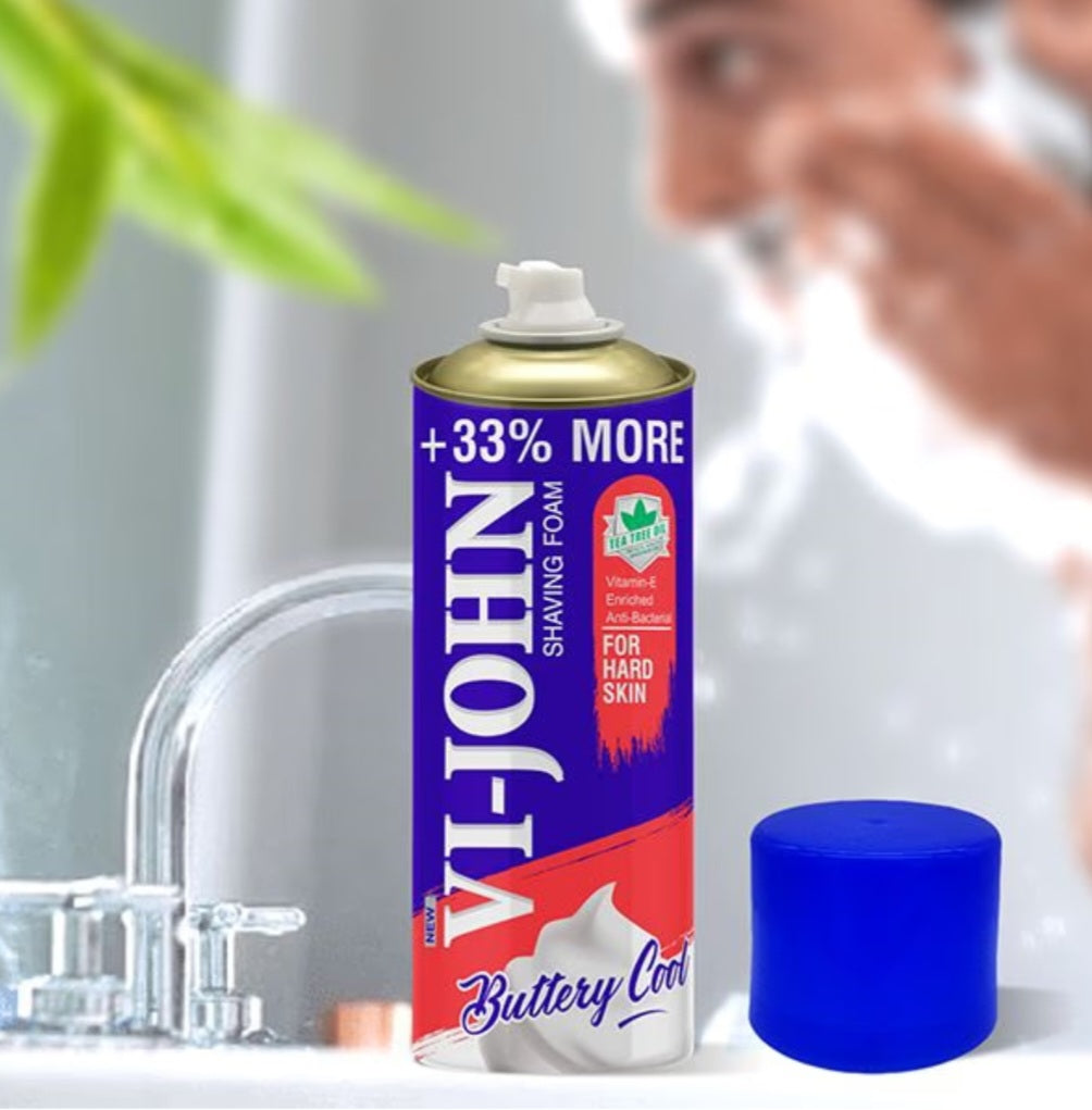 Shaving Foam- Vi-John Buttery Cool Shaving Foam enriched with Vitamin-E & Anti-Bacterial Goodness of Tea Tree Oil, Suitable for Hard Skin - 400gm (300gm +100gm Free)
