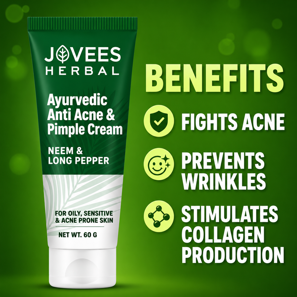 Face Treatment Cream- JOVEES Herbal's Ayurvedic Anti-Acne & Pimple Cream enriched with Neem & Long Pepper which Removes the Impurities and is suitable for Oily, Sensitive & Acne Prone Skin - 60gm