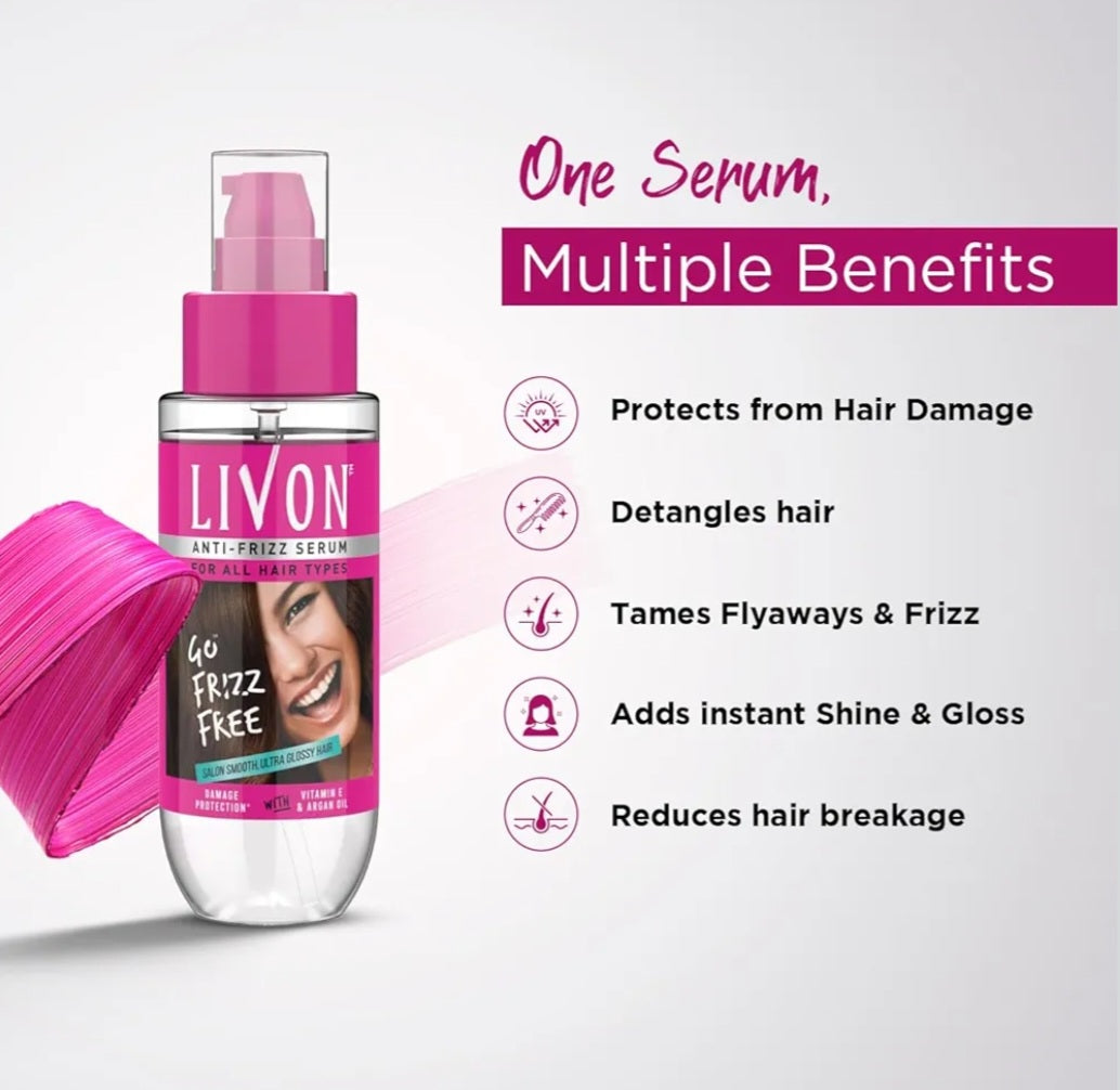 Hair Serum- Livon "Go Frizz Free" Anti-Frizz Hair Serum enriched with Vitamin E & Argan Oil, provides damage protection, and is suitable for all hair types - 100ml