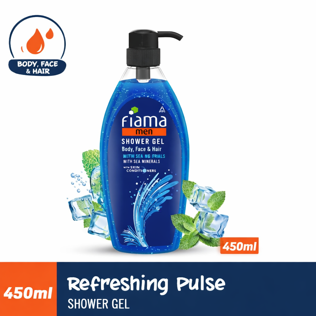 Body Wash & Shower Gel- Fiama Men Refreshing Pulse Shower Gel with Sea Minerals for Body, Face & Hair which gives Freshness and Conditioners the Skin - 450ml