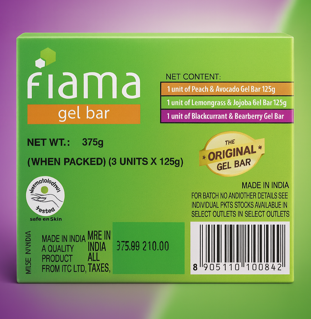 Bathing Soap- Fiama Original Gel Bar Pack of 3 Soaps (1. Lemongrass & Jojoba enriched, 2. Peach & Avocado enriched and 3. Blackcurrant & Bearberry) - 125gm each