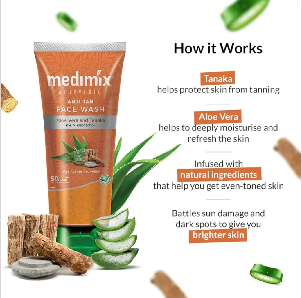 Face Wash- Medimix Ayurvedic Anti-Tan Face Wash with Aloe Vera and Tanaka for TAN Protection 100ml
