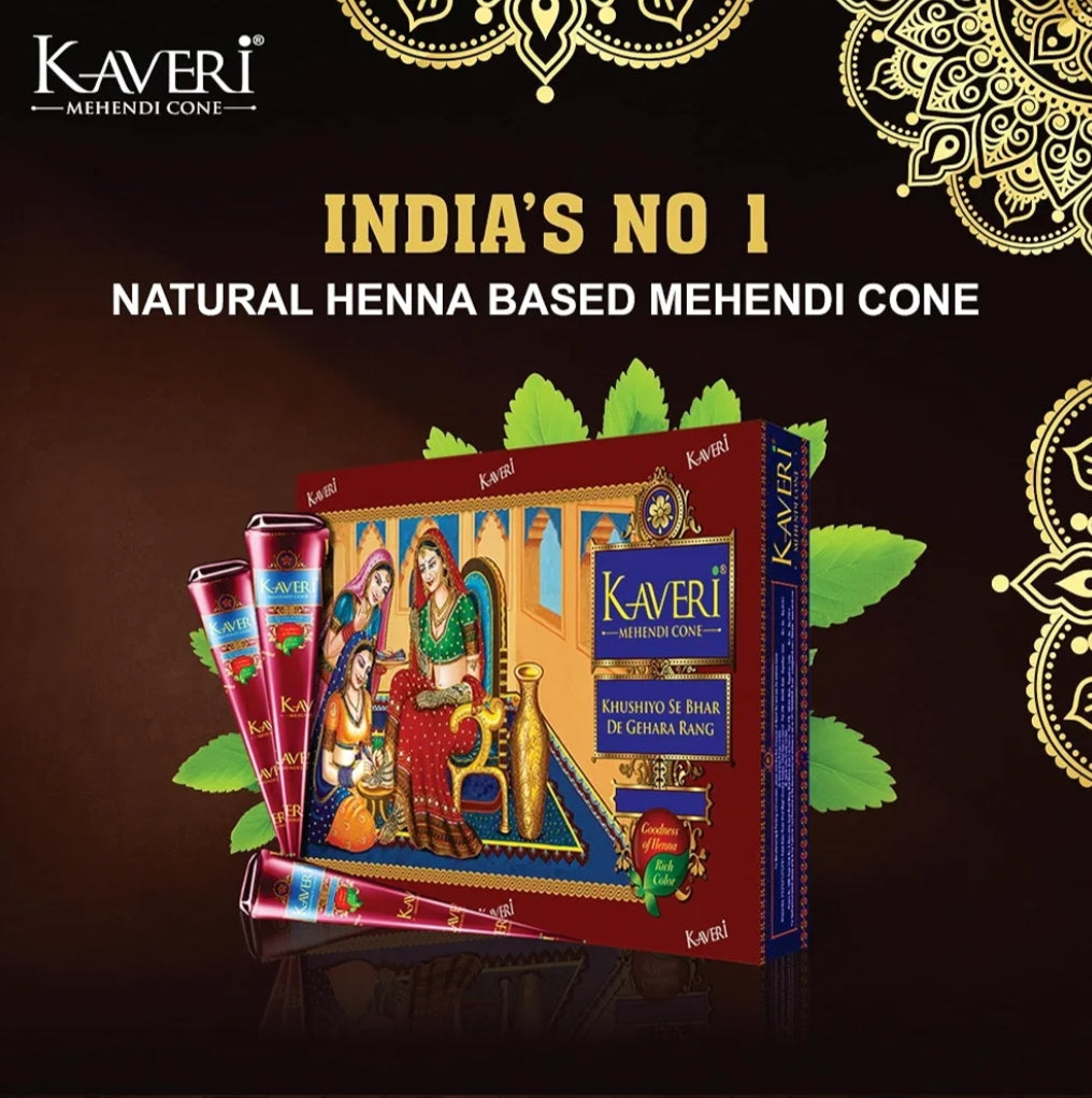 Mehandi- Kaveri Fastest Staining Rich Colour Mehandi Cone Box of 12 Pieces