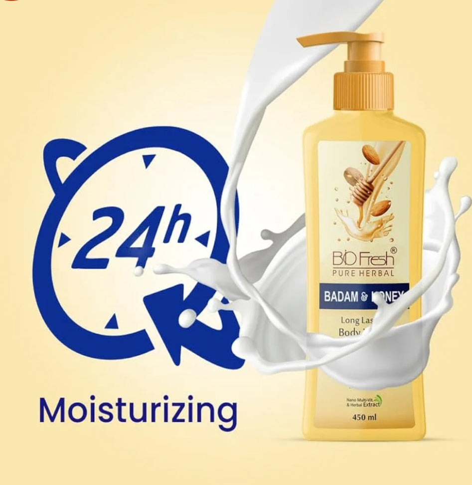 Lotions & Moisturizers- BIO FRESH HERBAL'S Badam & Honey Non-Sticky & Skin Hydrating BodyLotion (24-Hour Moisturizing) 450ml