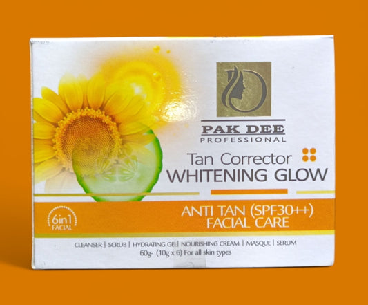Facial Kit- PAK DEE Professional's Tan Corrector Whitening Glow 6in1 (Cleanser+Scrub+Hydrating Gel+Nourishing Cream+Masque+Serum) Anti Tan (SPF30++) Facial Kit 60gm (10gm*6)