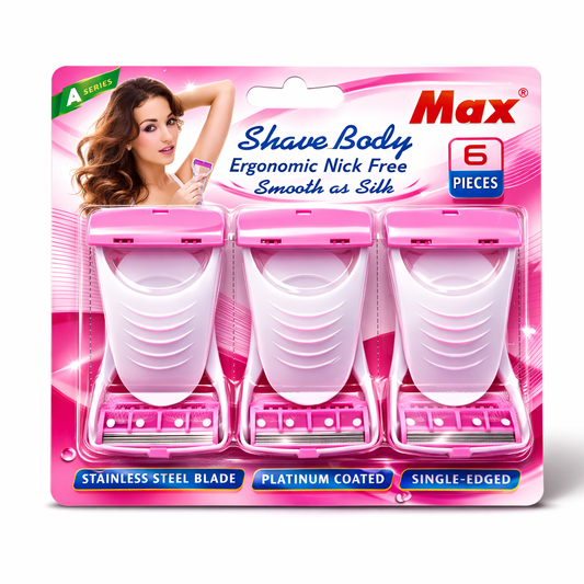 Shaving Razor- Max Women's Body Shaving Razor with Single-Edged, Platinum Coated Stainless Steel Blade - Pack of 6 Pieces