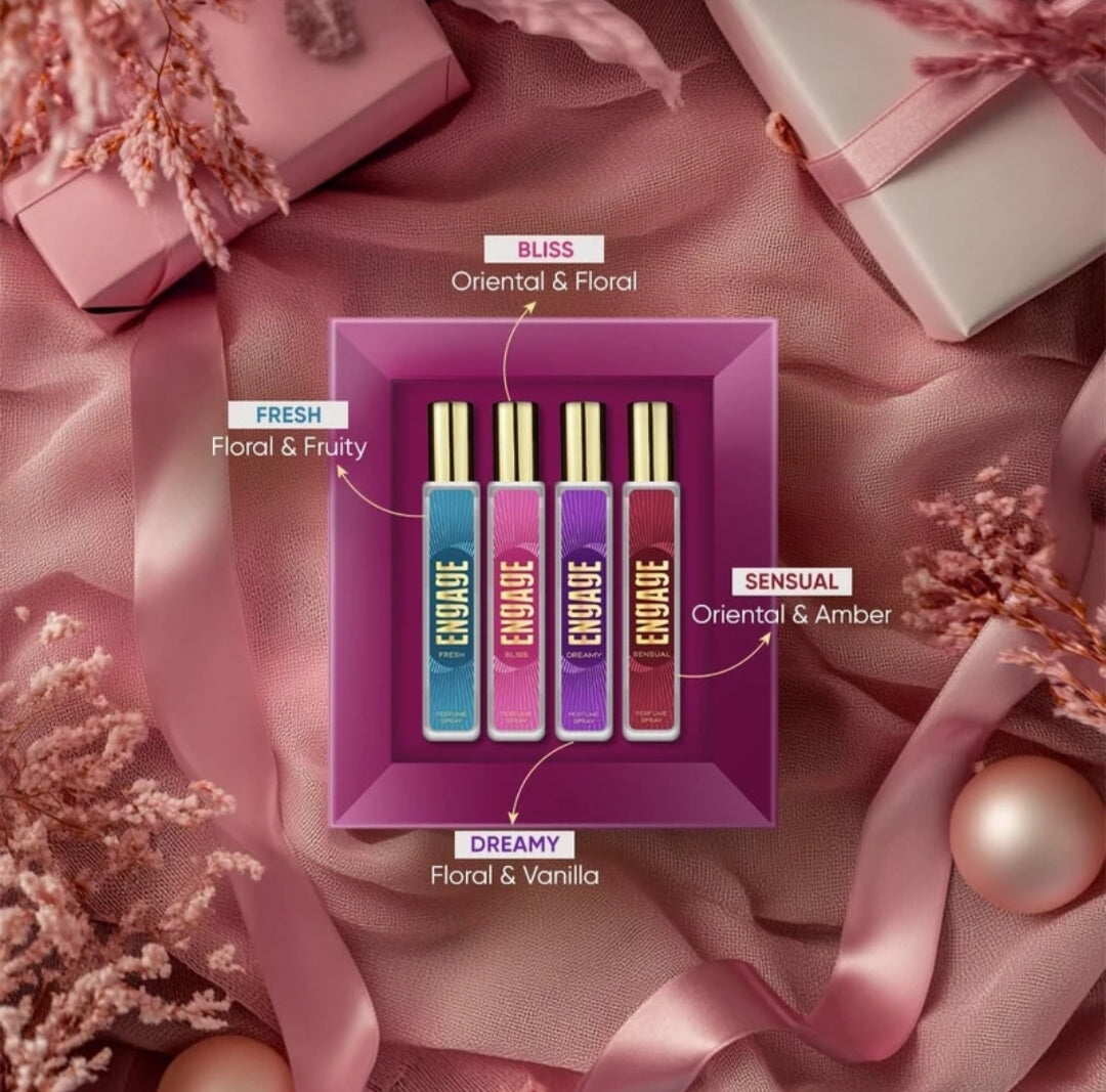 Perfumes & Deodorants- ENGAGE Vibes Perfumes Gift Set for Women with 4 Long-Lasting Fragrances (1. Fresh- Citrus & Fruity, 2. Bliss- Oriental & Floral, 3. Dreamy- Floral & Vanilla and 4. Sensual- Oriental & Amber) - 80ml (4x20ml)