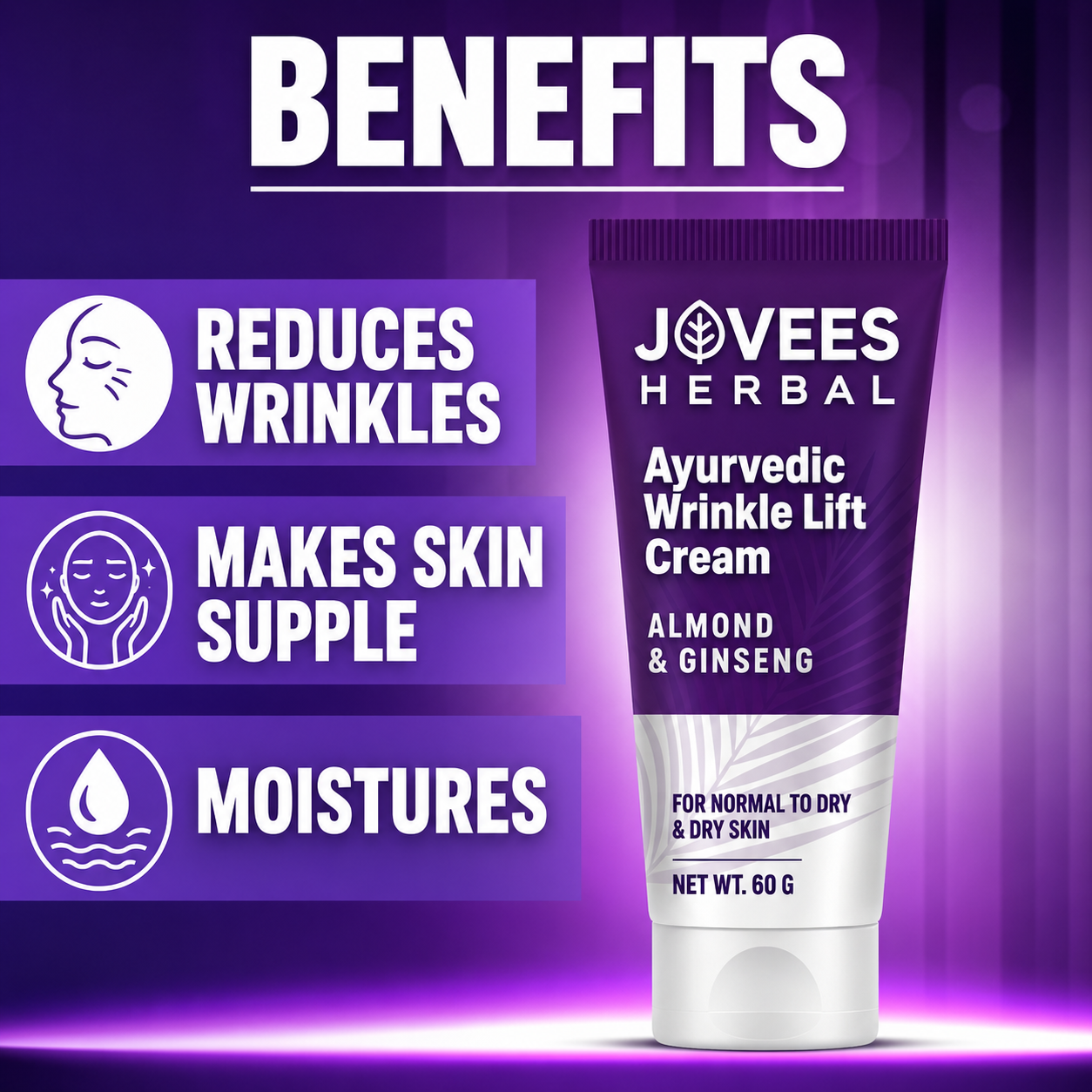 Face Treatment Cream- JOVEES Herbal's Ayurvedic Wrinkle Lift Cream enriched with Almond & Ginseng which Reduces the Wrinkles and is suitable for Normal to Dry Skin - 60gm