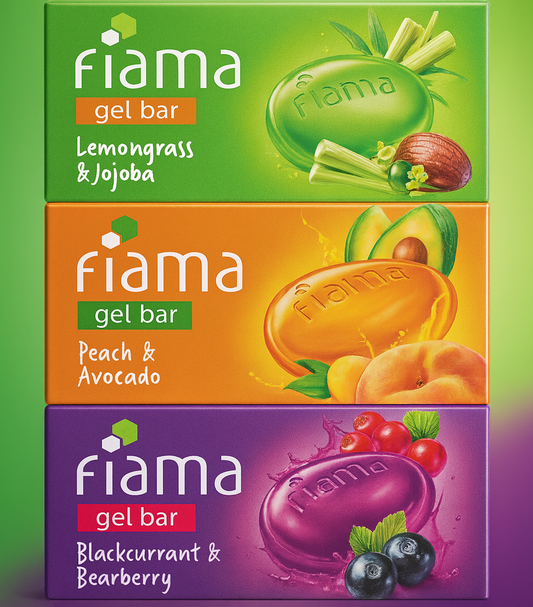 Bathing Soap- Fiama Original Gel Bar Pack of 3 Soaps (1. Lemongrass & Jojoba enriched, 2. Peach & Avocado enriched and 3. Blackcurrant & Bearberry) - 125gm each