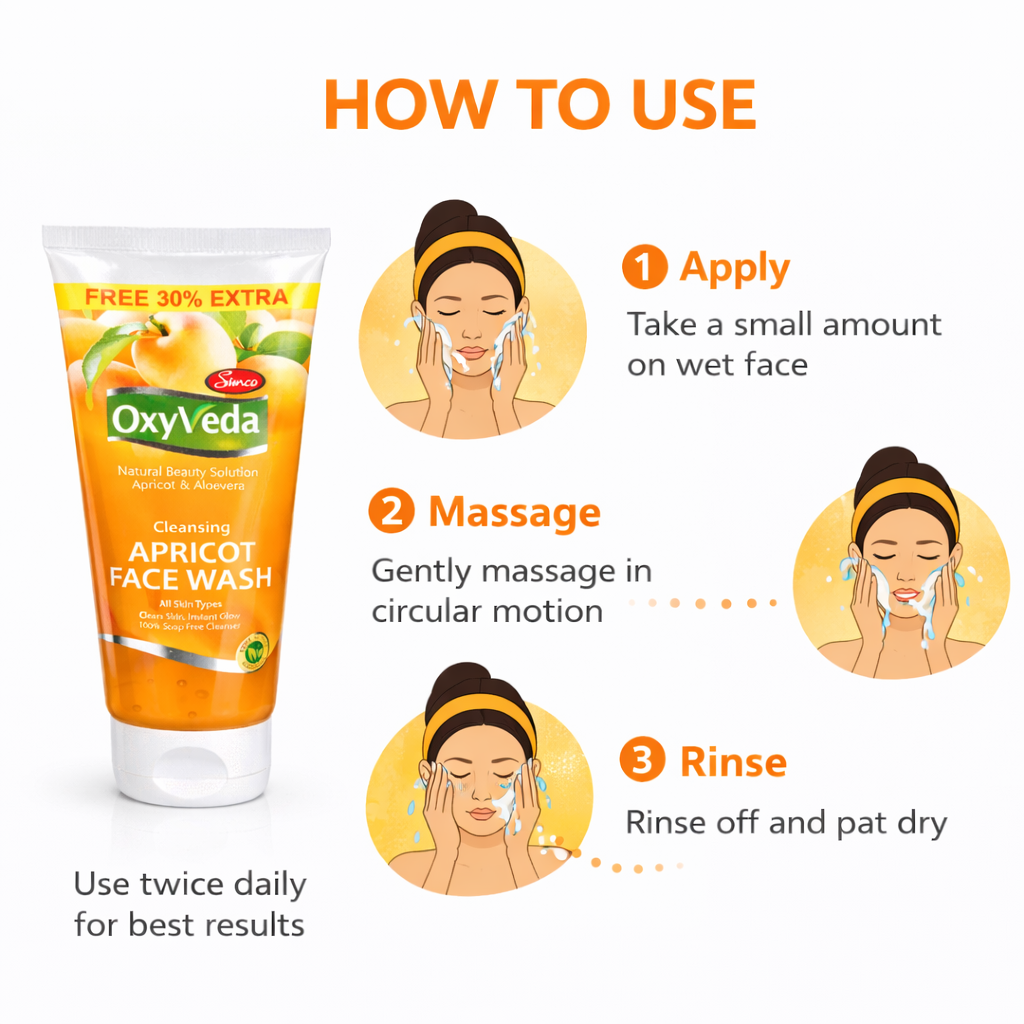 Face Wash- Simco OxyVeda's Cleansing Apricot Face Wash enriched with Apricot & Aloevera, suitable for All Skin Types - 65ml (50ml +15ml Free)
