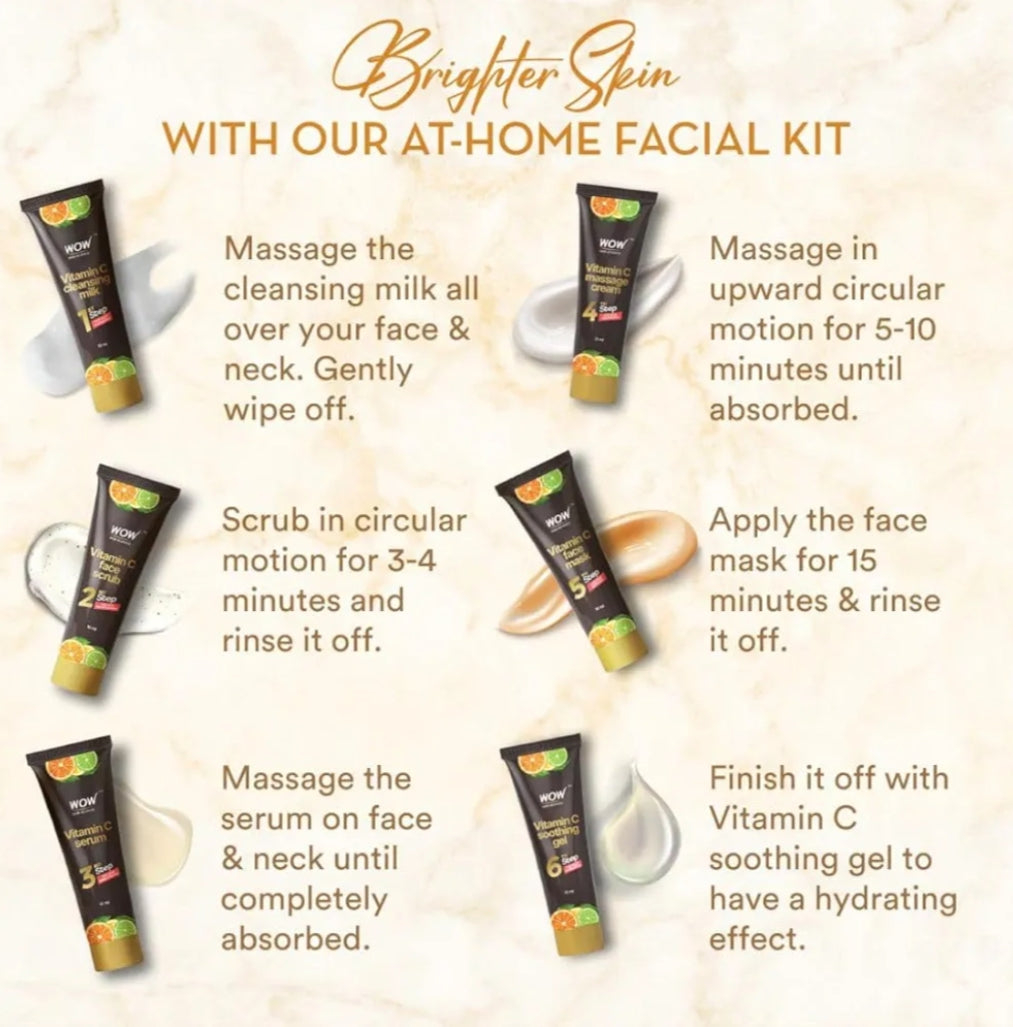 Facial Kit- WOW Vitamin-C Brightening Facial Kit infused with Vitamin-C & Orange Peel Oil for Brighter and Even Toned  Skin - 60ml (6 units x 10ml)