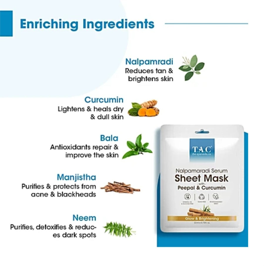 Face Sheet Mask- TAC Ayurveda's Nalpamaradi Serum Sheet Mask with Peepal & Curcumin for Glow & Brightening 22ml