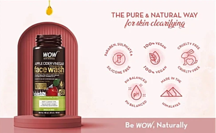 Face Wash- WOW Organic Himalayan Apple Cider Vinegar Foaming Face Wash with Aloe Vera Extract, Vitamins B5 and Vitamin-E 150ml