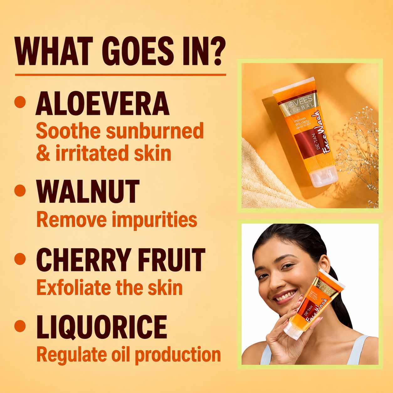 Face Wash- JOVEES Herbal's De-Tan Face Wash with a Powerful Blend of AloeVera, Green Tea, Carrot, Sweet Cherry, Liquorice and Bearberry extracts which Gently Removes Tan and Improves Skin Clarity - 120ml