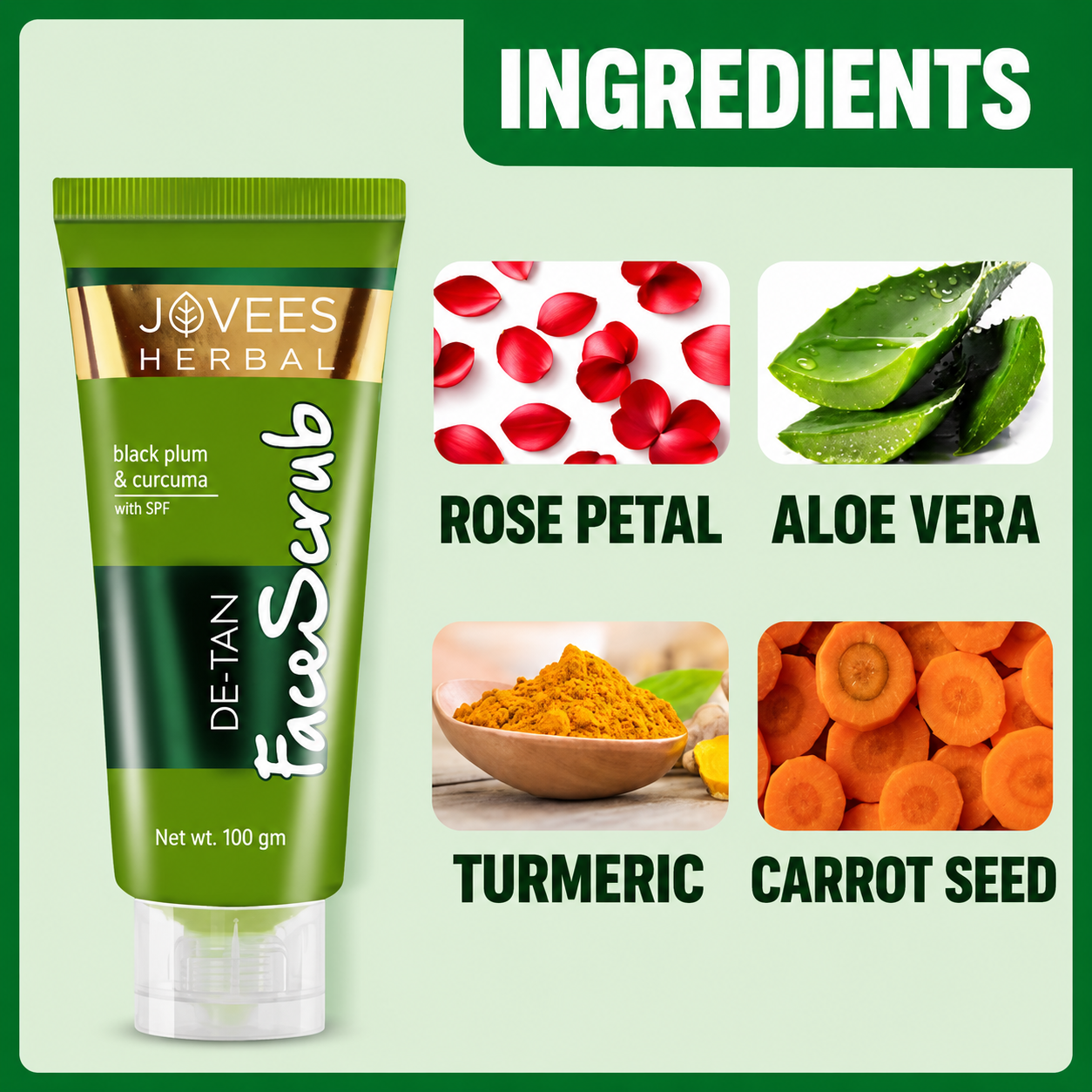 Face Scrub- JOVEES Herbal's De-Tan Face Scrub enriched with Black Plum & Curcuma - 50gm
