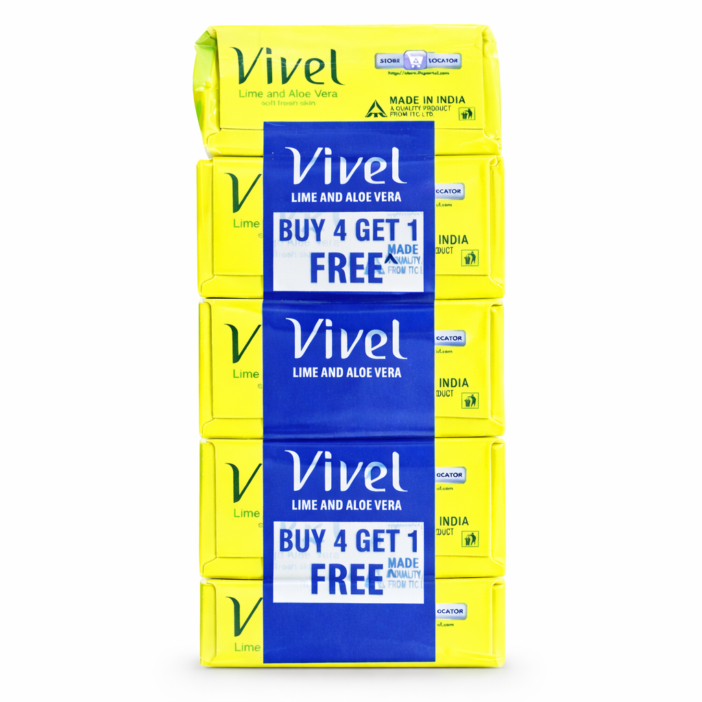 Bathing Soap- Vivel Lime and Aloe Vera Soap with the Goodness of Vitamin-E (Set of 5 Soaps) for Soft & Fresh Skin - 450gm (90gm x 5)