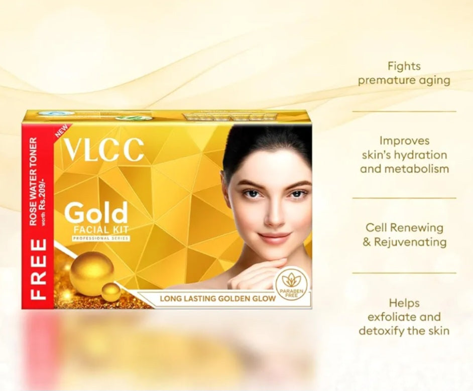 Facial Kit- VLCC Professional's 6-Steps GOLD Facial Kit with Hyaluronic Acid & Aloe Vera for Long-Lasting Golden Glow (300gm) with FREE Rose Water Toner (100ml) worth Rs. 209/-