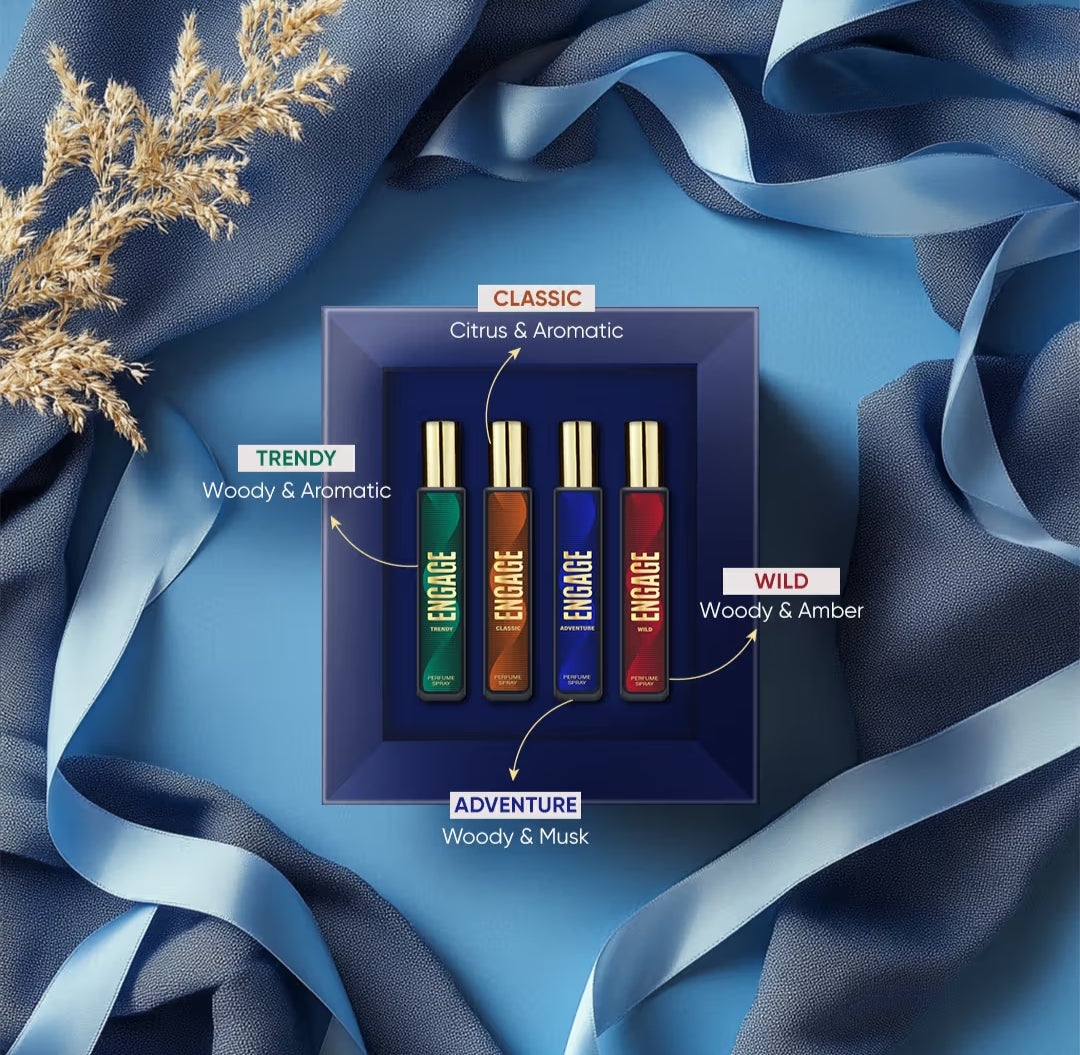 Perfumes & Deodorants- ENGAGE Vibes Perfumes Gift Set for Men with 4 Long-Lasting Fragrances (1. Trendy- Woody & Aromatic, 2. Classic- Citrus & Aromatic, 3. Adventure- Woody & Musk and 4. Wild- Woody & Amber) - 80ml (4x20ml)