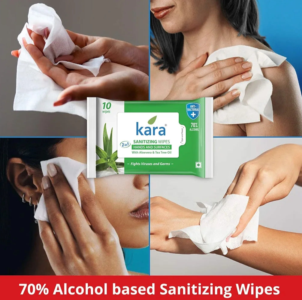 Wipes- Kara 2-in-1 Anti-Bacterial Sanitizing Wipes with Aloe Vera and Tee Tree Oil for Hands & Surfaces which Fights Viruses and Germs - Pack of 10 Pieces