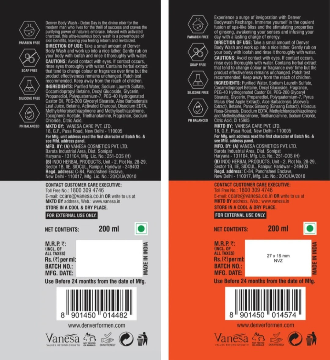 Body Wash- DENVER Detox Day Body Wash with Activated Charcoal (200ml) + DENVER Recharge Body Wash with Ginseng (200ml)