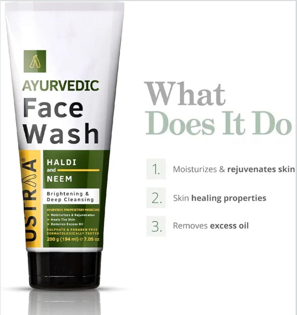 Face Wash- USTRAA Ayurvedic Face Wash enriched with Haldi and Neem for Brightening and Deep Cleansing which Moisturizes, Rejuvenates & Heals the Skin and Removes Excess Oil - 200gm