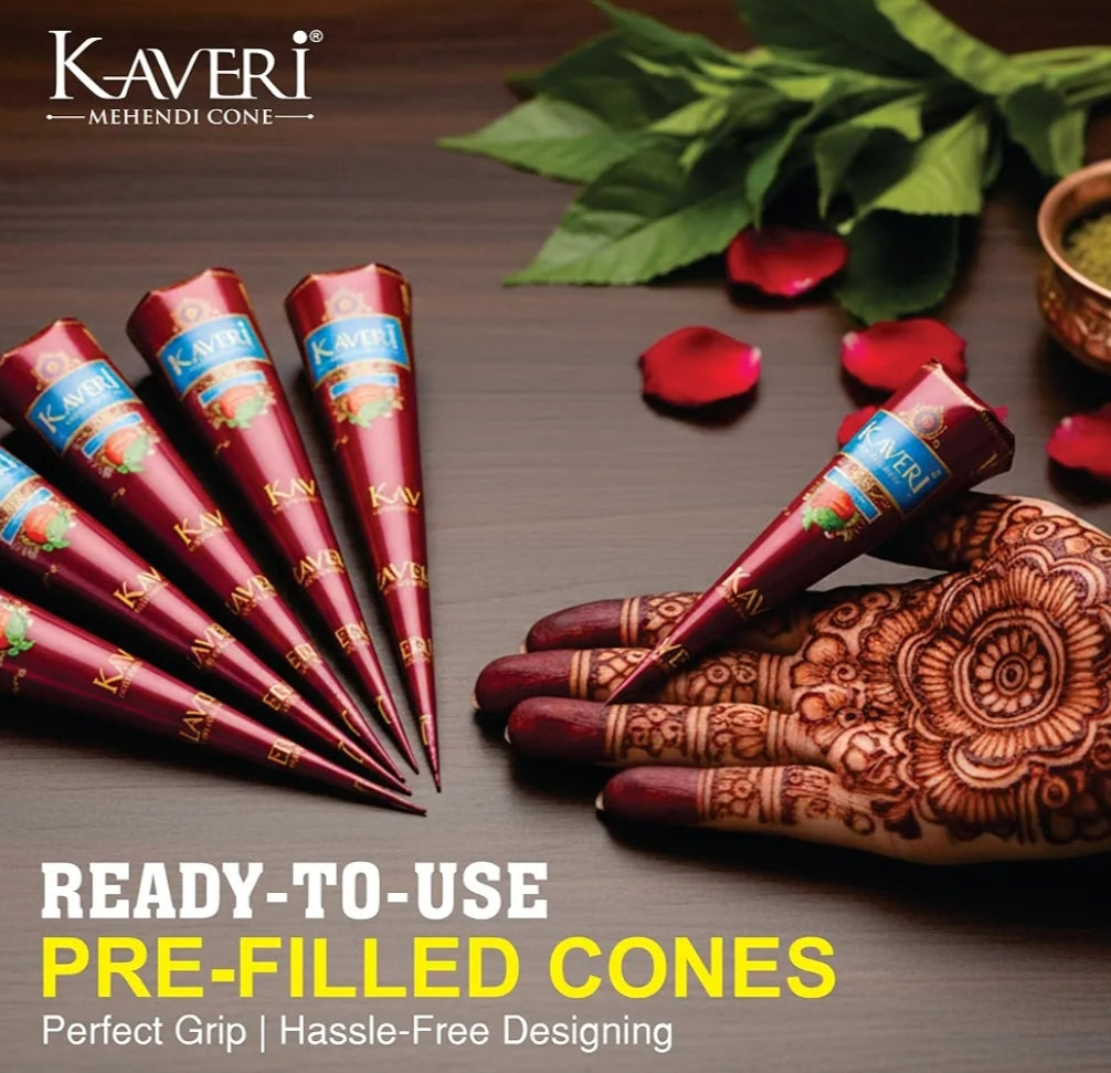 Mehandi- Kaveri Fastest Staining Rich Colour Mehandi Cone Box of 12 Pieces