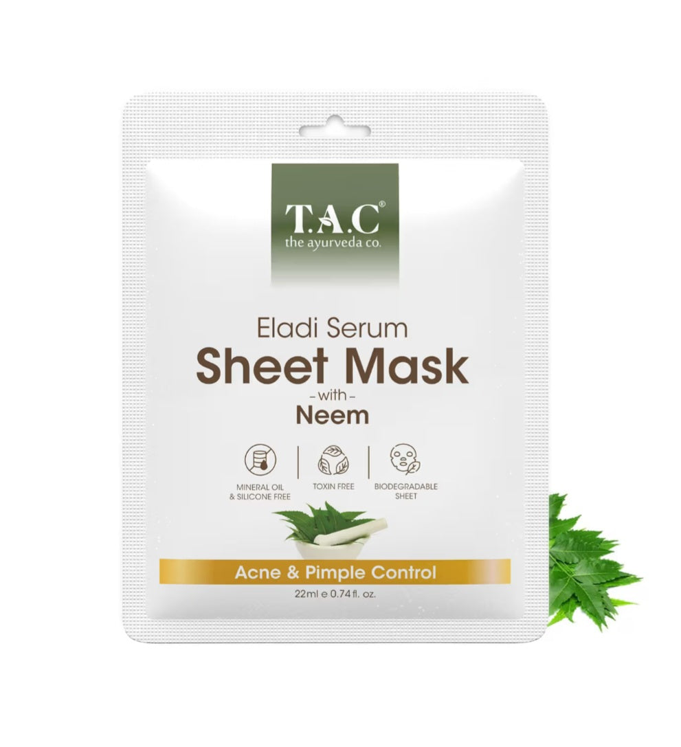 Face Sheet Mask- TAC Ayurveda's Eladi Serum Sheet Mask with Power of Neem which Controls Acne & Pimple 22ml