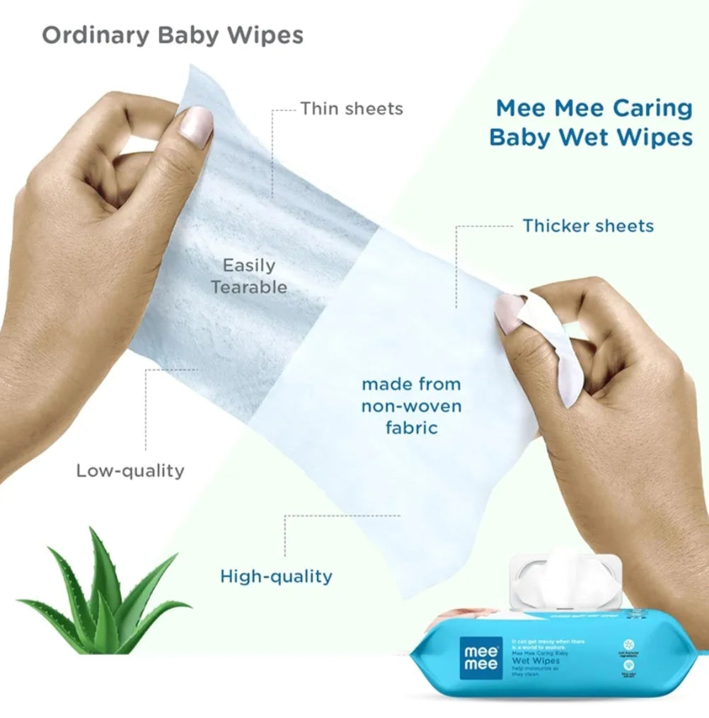 Wipes- mee mee Caring Baby Wet Wipes with Aloe Vera (for Goodness), Castor Oil (for Soothing) and Glycerine (to Lock Moisture) Pack of 72 Pieces