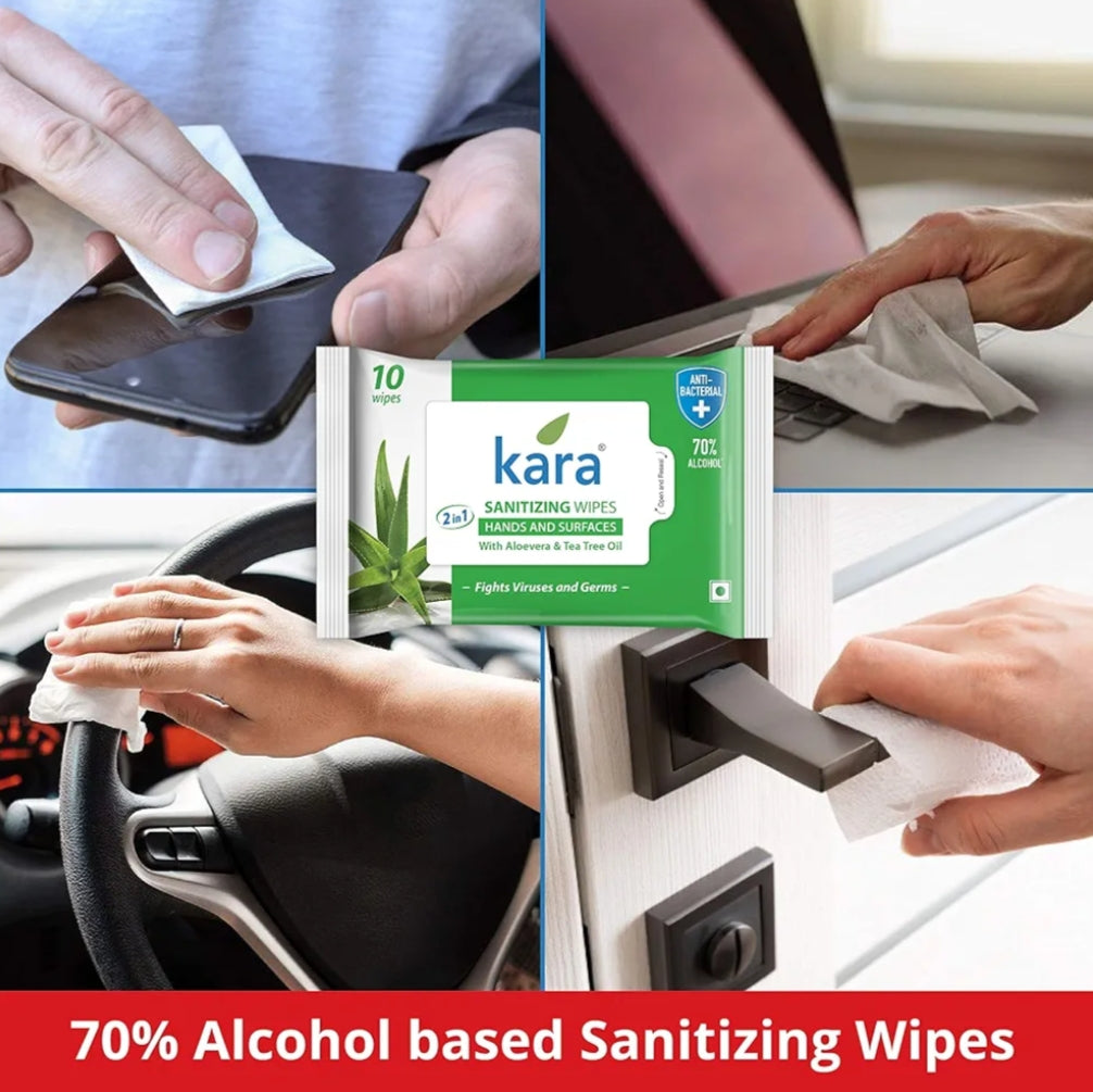 Wipes- Kara 2-in-1 Anti-Bacterial Sanitizing Wipes with Aloe Vera and Tee Tree Oil for Hands & Surfaces which Fights Viruses and Germs - Pack of 10 Pieces